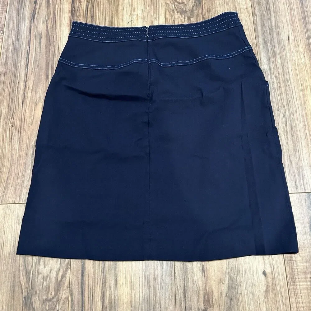J. McLaughlin Blue Contrast Stitch Stretch A Line Pull On Skirt Pockets Size 6